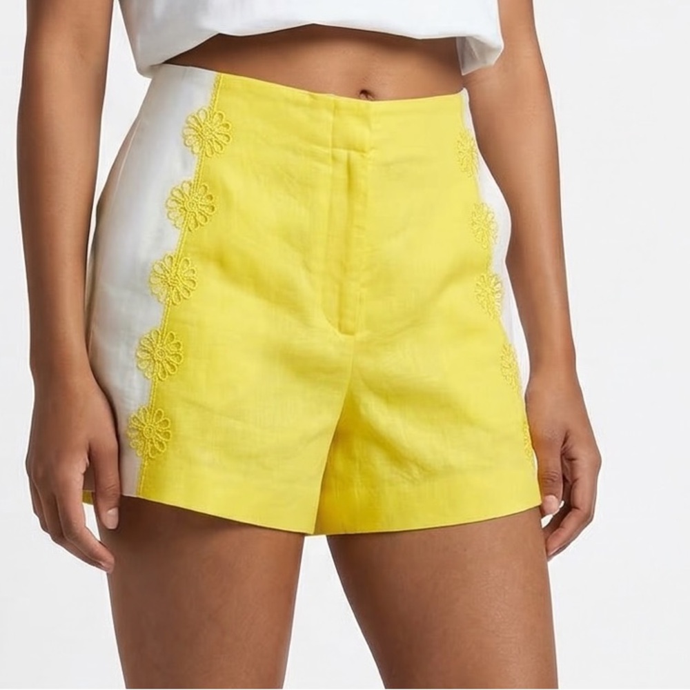 Maeve Anthropologie Linen Blend Shorts Floral Embroidered Surf City Yellow US 0